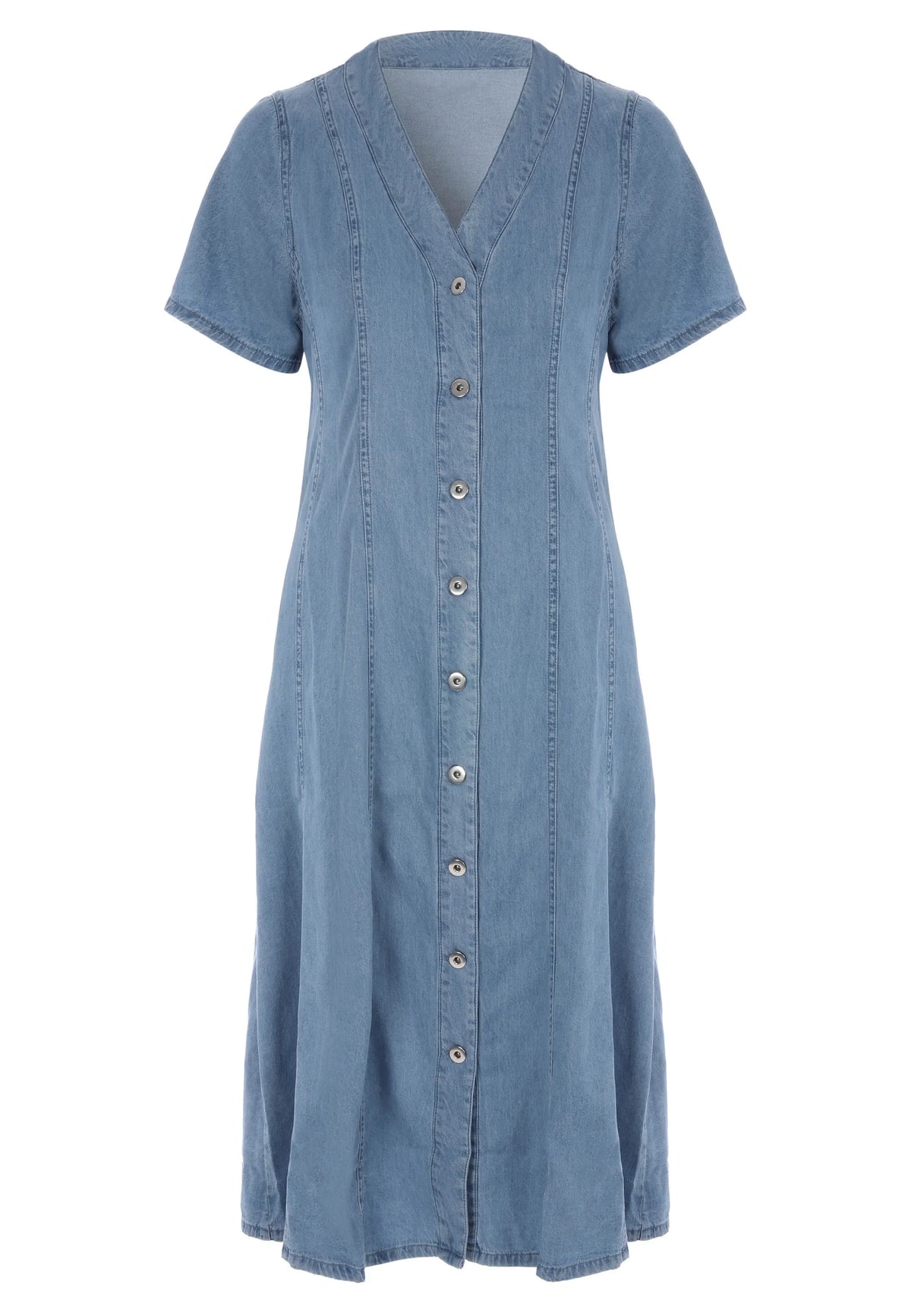 Womens Blue Denim Look Seam Detail Button Front Dress