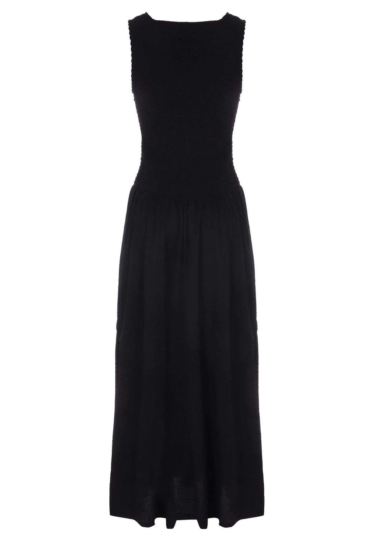 Womens Plain Black Shirred Drop Waist Midi Dress