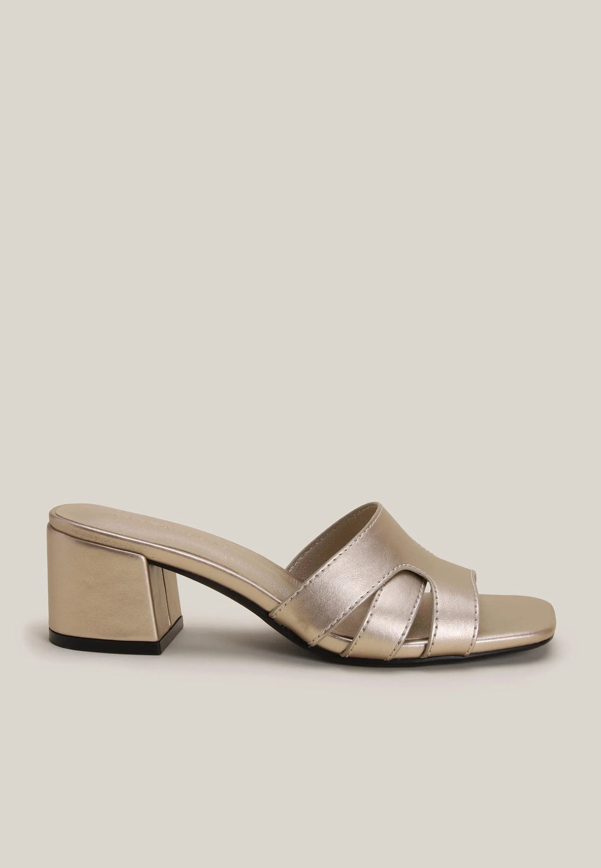 Womens Gold Geo Block Heel Mules