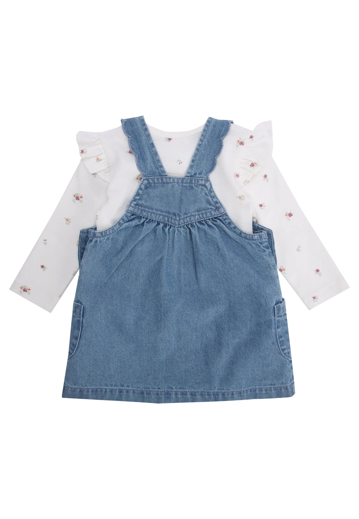 Baby Girls Blue Dungaree Dress & Floral Top Set