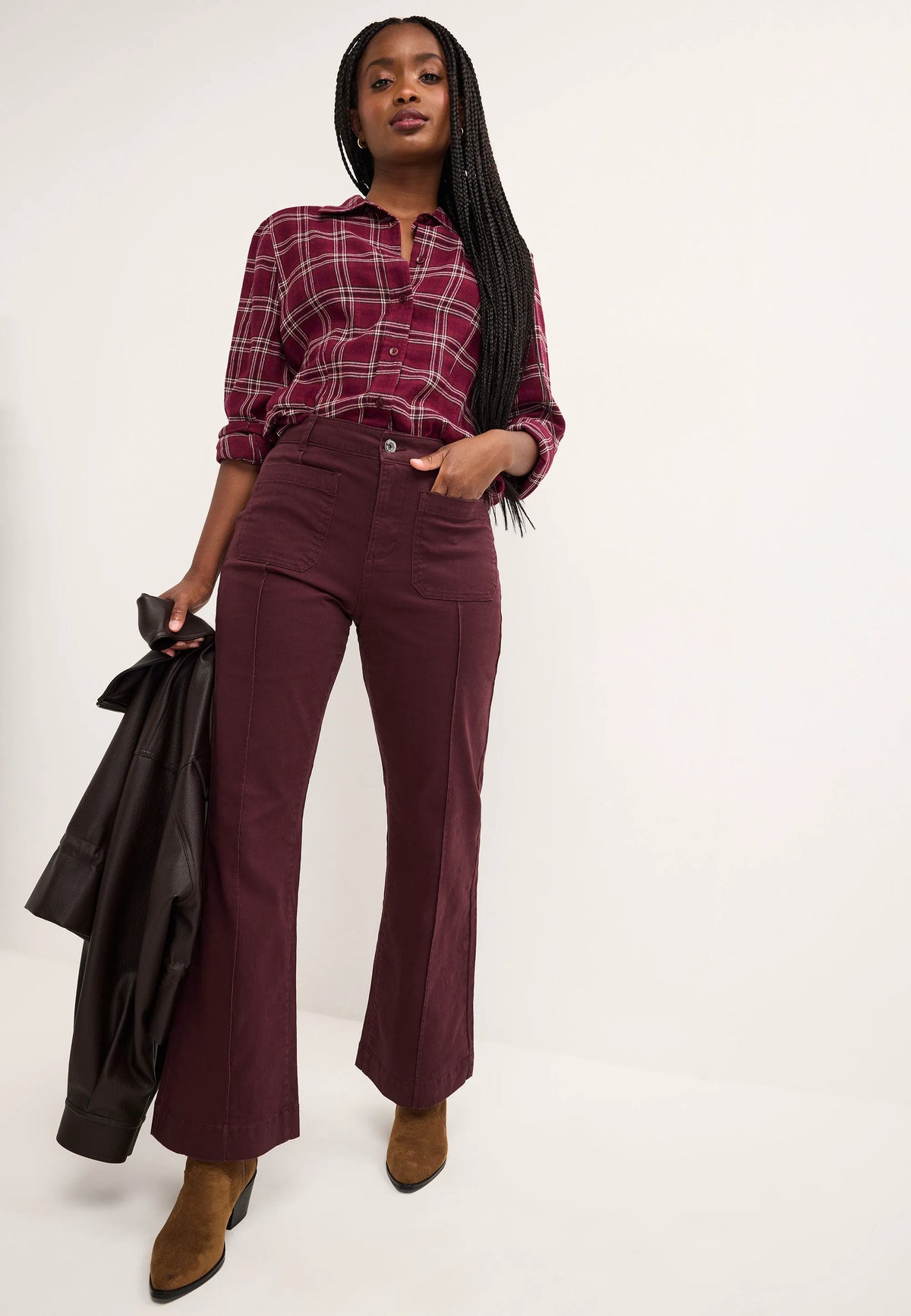 Womens Burgundy Check Shoulder Pad Shirt