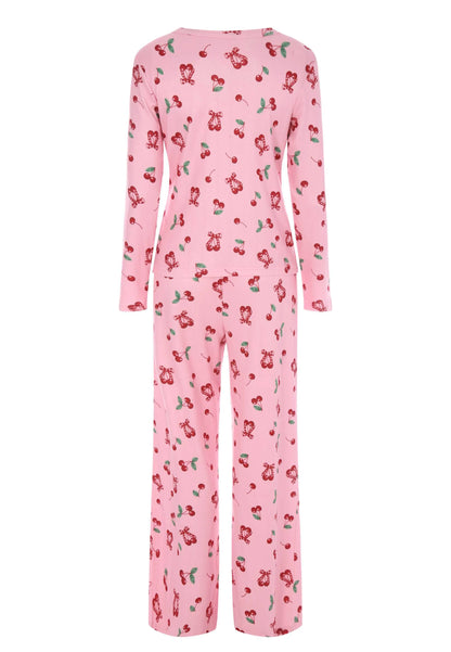 Womens Pink Cherry Pointelle Long Pyjama Set