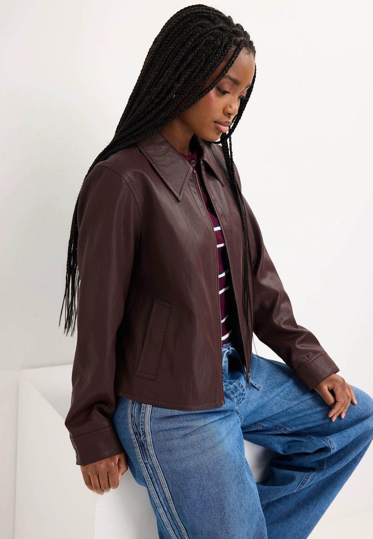Womens Plum Faux Leather Zip Jacket