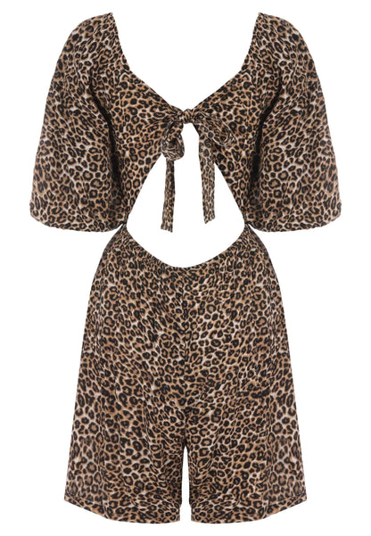 Womens Brown Leopard Print Back Tie Playsuit