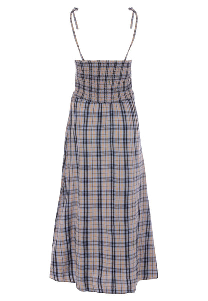 Womens Blue & Tan Check Print Strappy Midi Dress