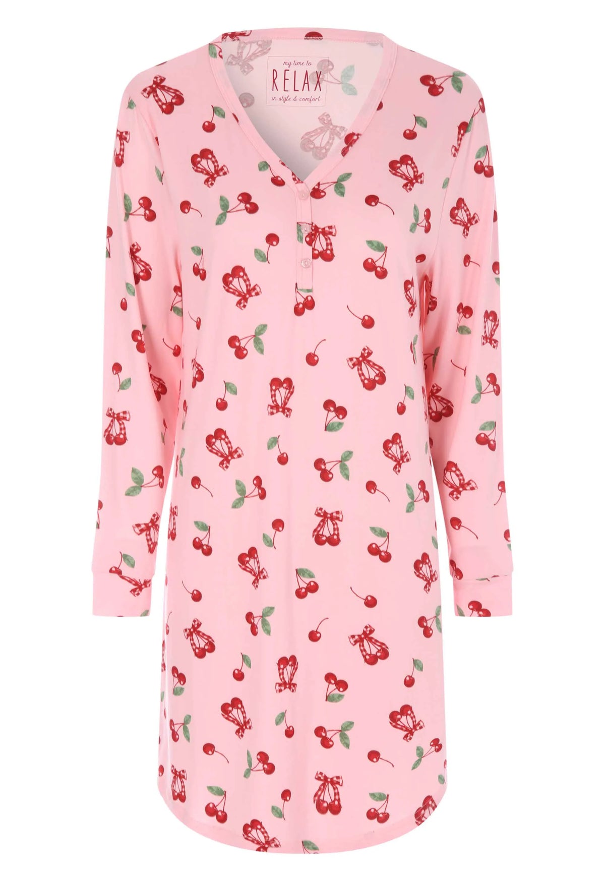 Womens Pink Cherry Soft Touch Long Sleeve Nightdress