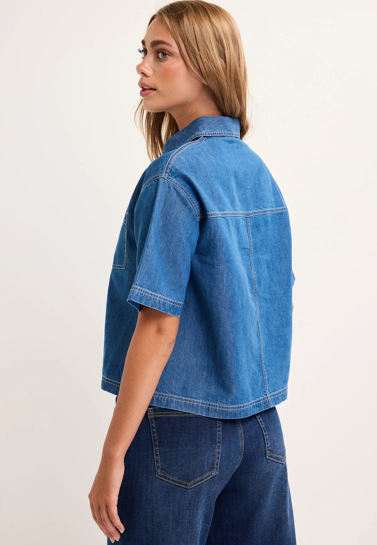 Womens Blue Denim Look Cotton Shirt