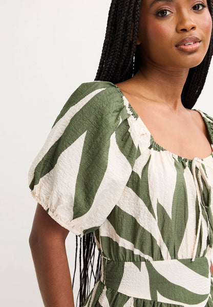 Womens Khaki Leaf Print Milkmaid Dress