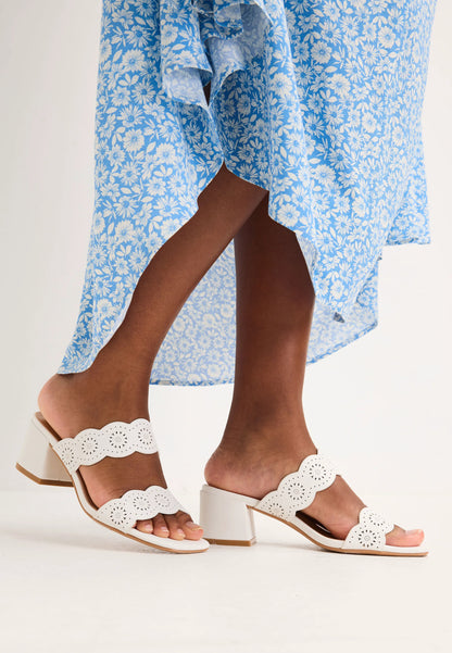 Womens White Laser Cut Block Heel Mules
