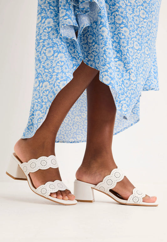Womens White Laser Cut Block Heel Mules
