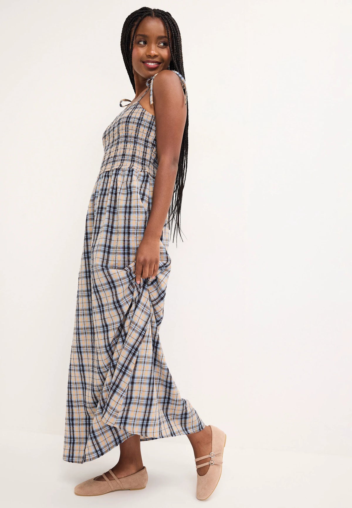 Womens Blue & Tan Check Print Strappy Midi Dress