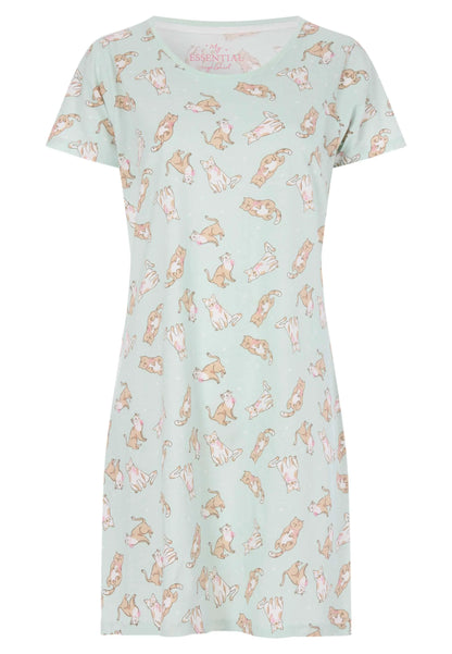 Womens Sage Cat Print Cotton Nightdress