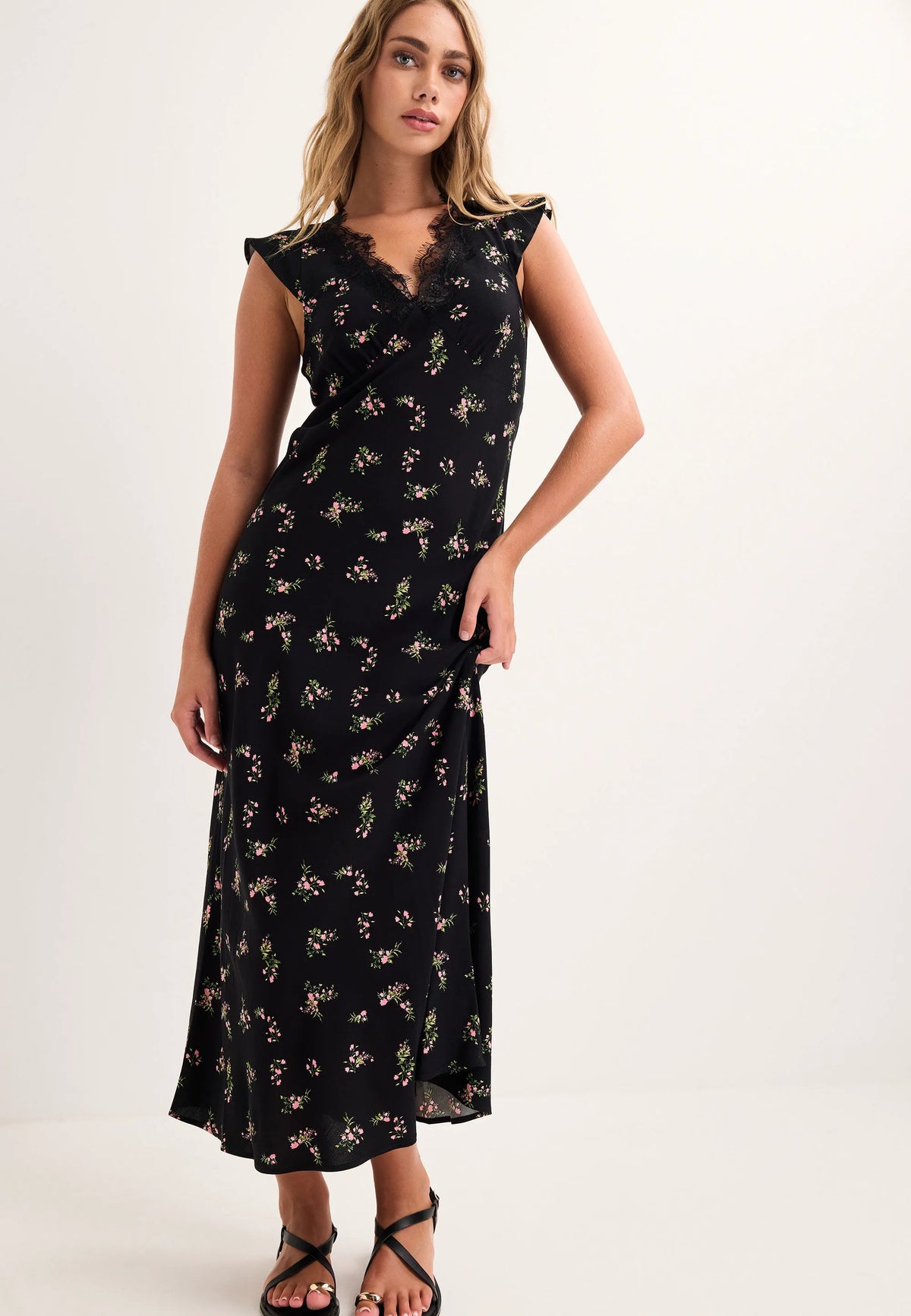 Womens Black Ditsy Lace Trim Midi Dress