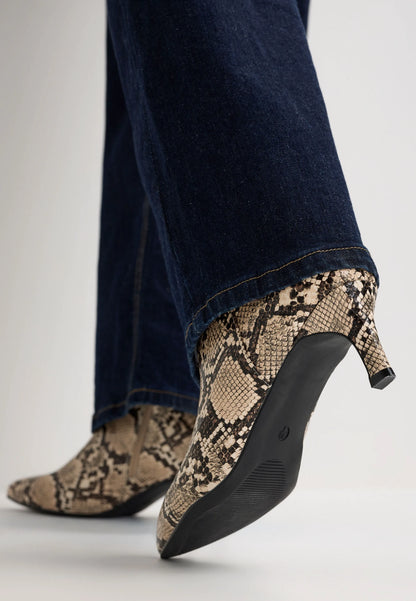Womens Beige Snake Print Kitten Heel Boots