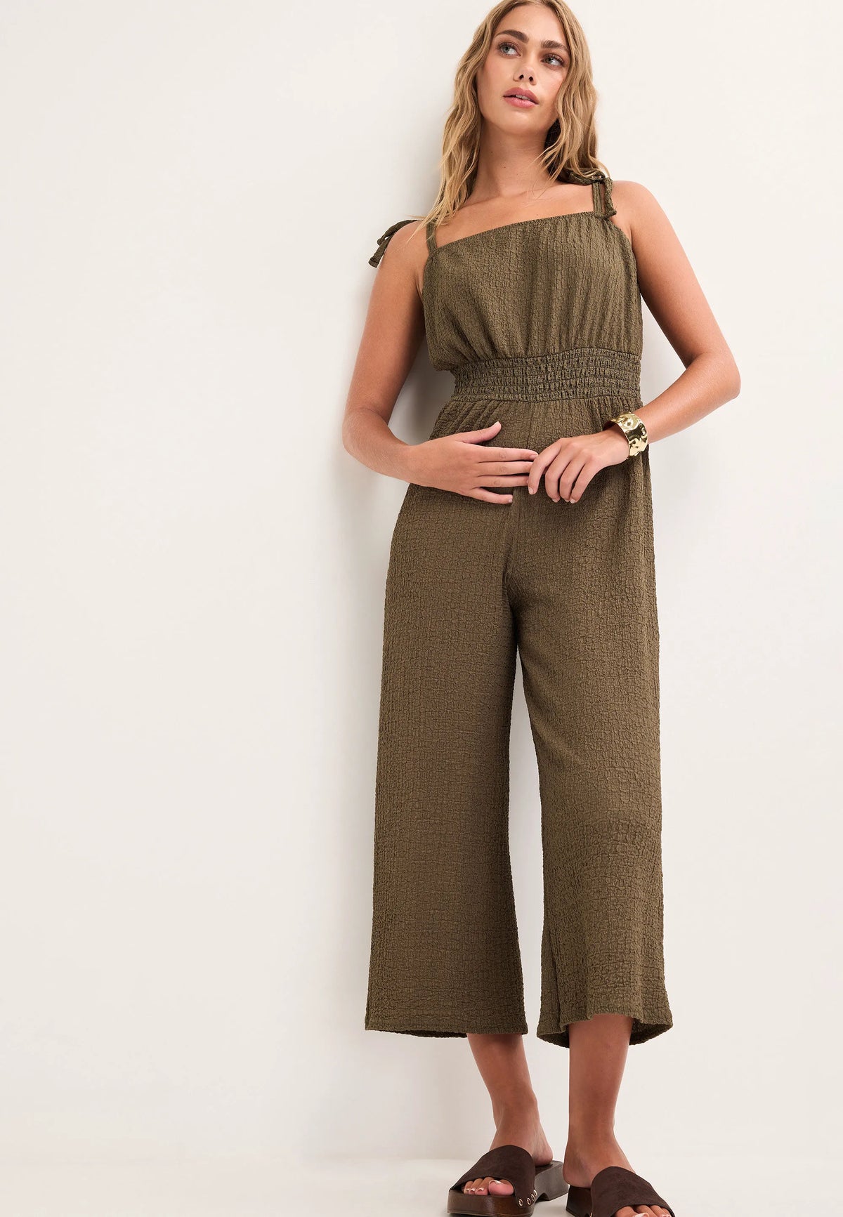 Womens Khaki Shirred Wide Leg Jumpsuit