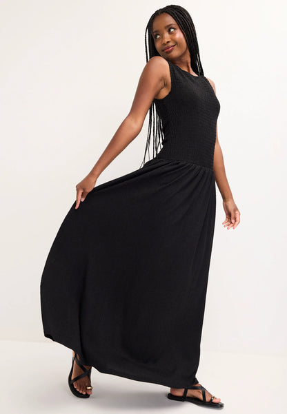 Womens Plain Black Shirred Drop Waist Midi Dress