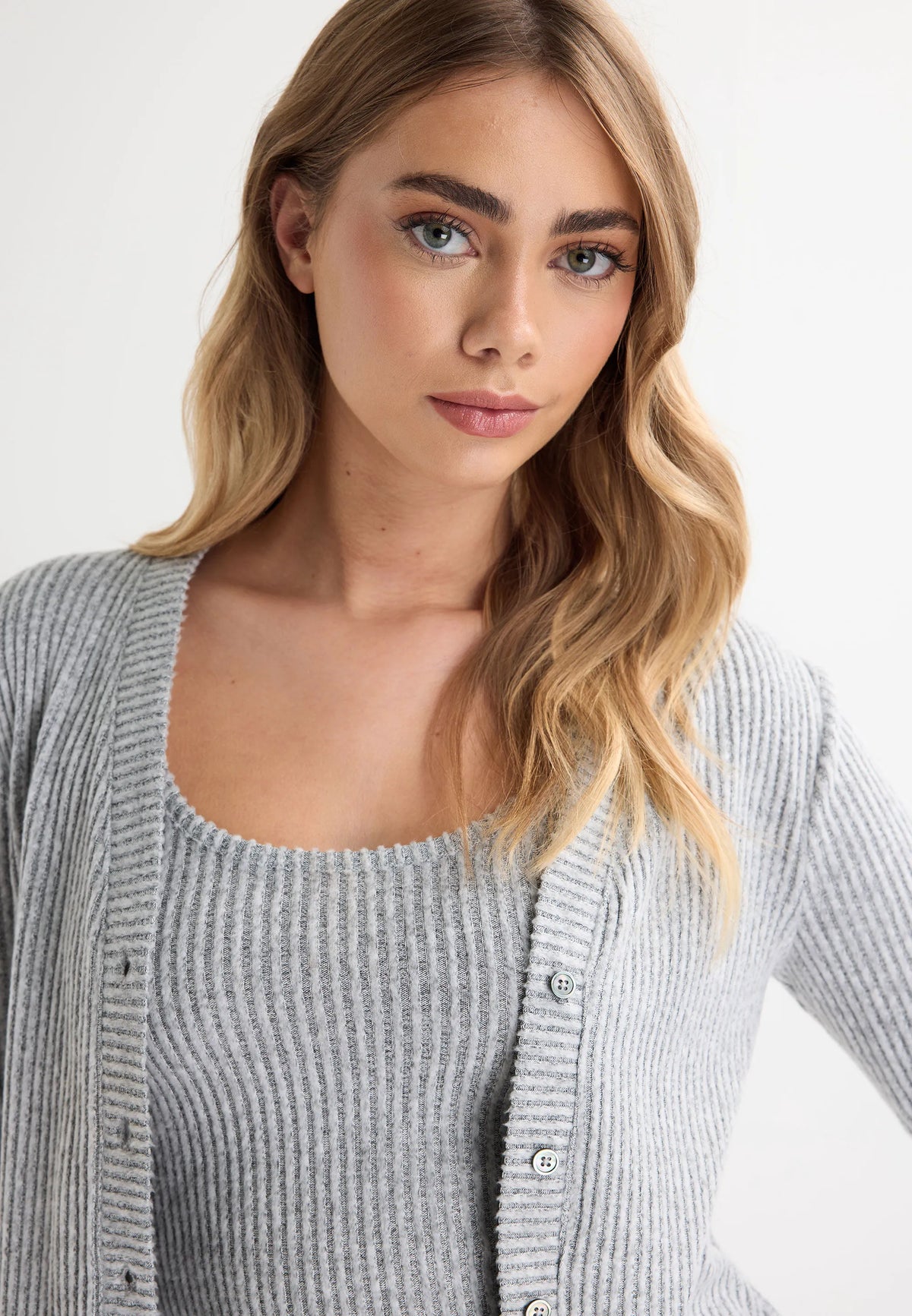 Womens Grey Ribbed Cardigan & Cami Pyjama Top Set