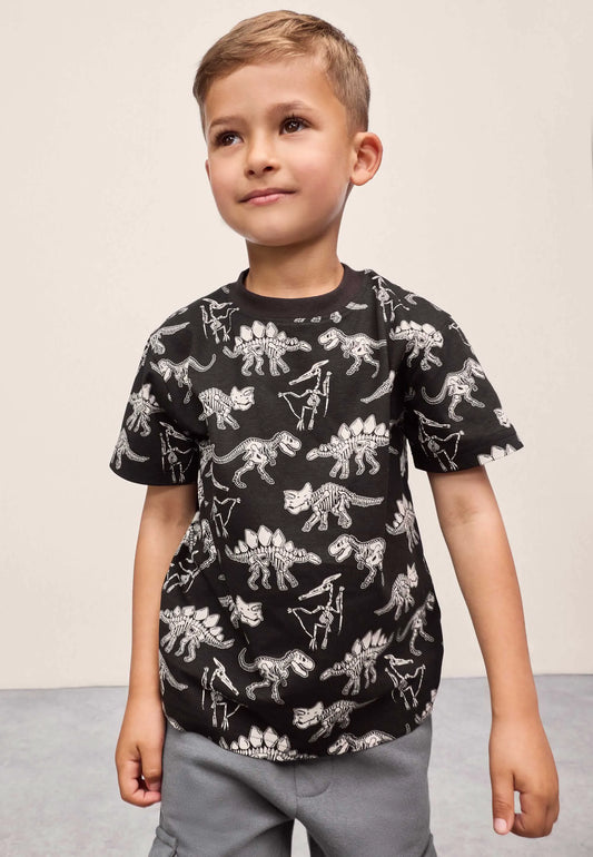 Younger Boys Black Cotton Dinosaur Print T-Shirt