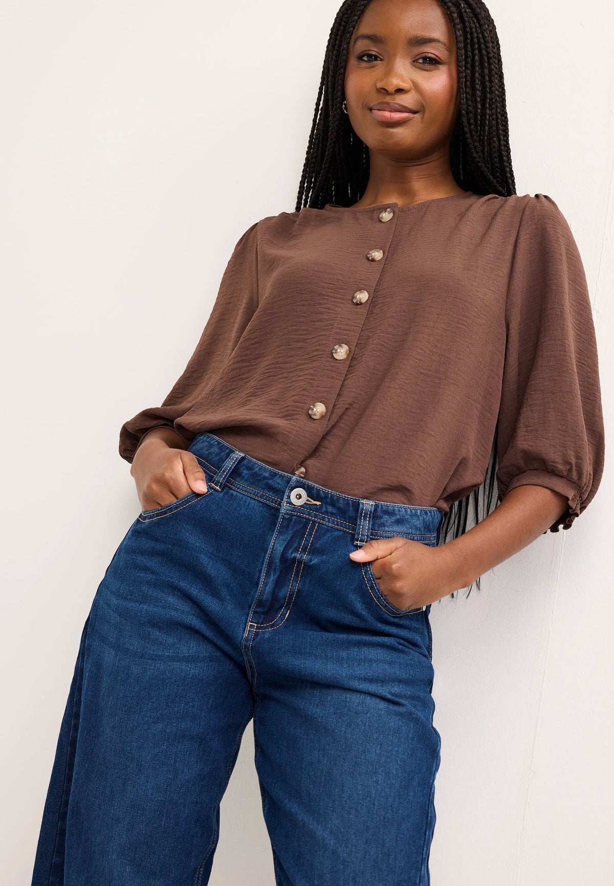Womens Chocolate Brown Button Through Blouse Top