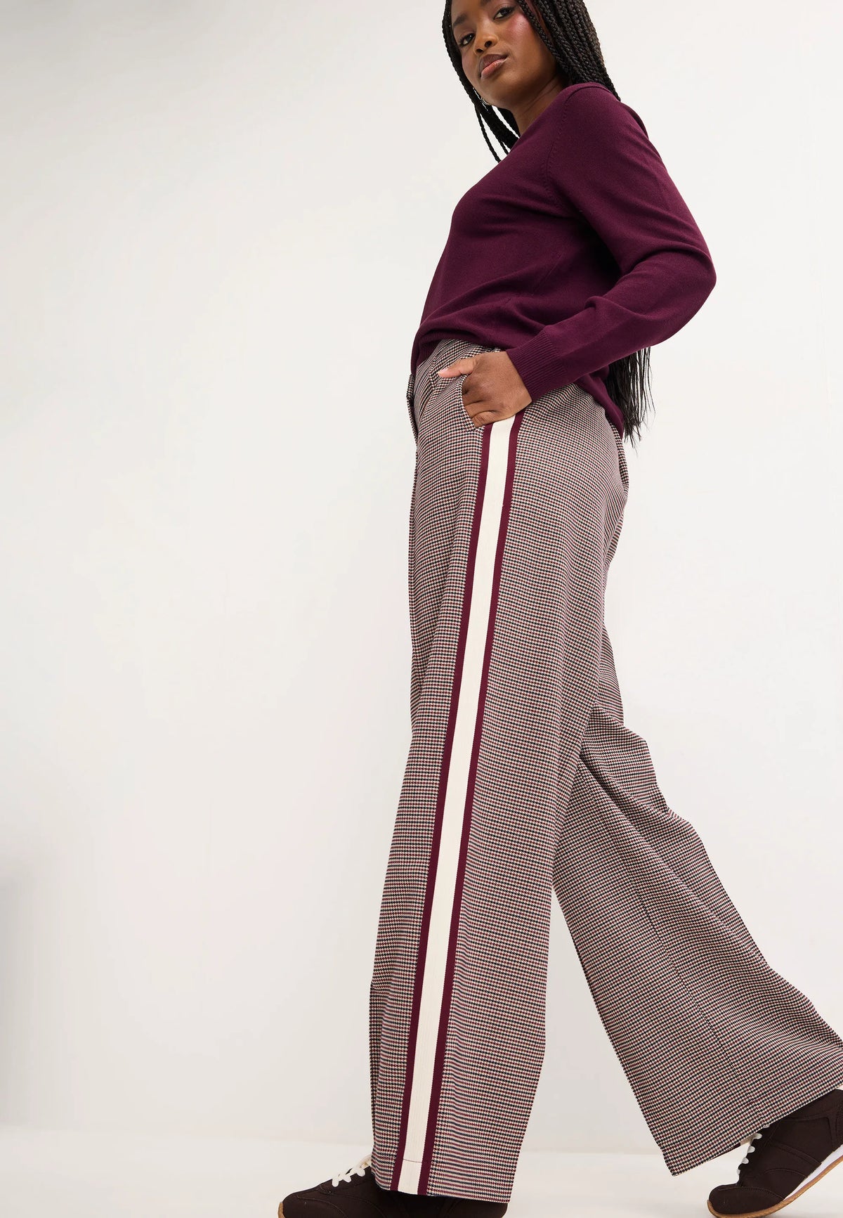 Womens Burgundy Check Side Stripe Trousers