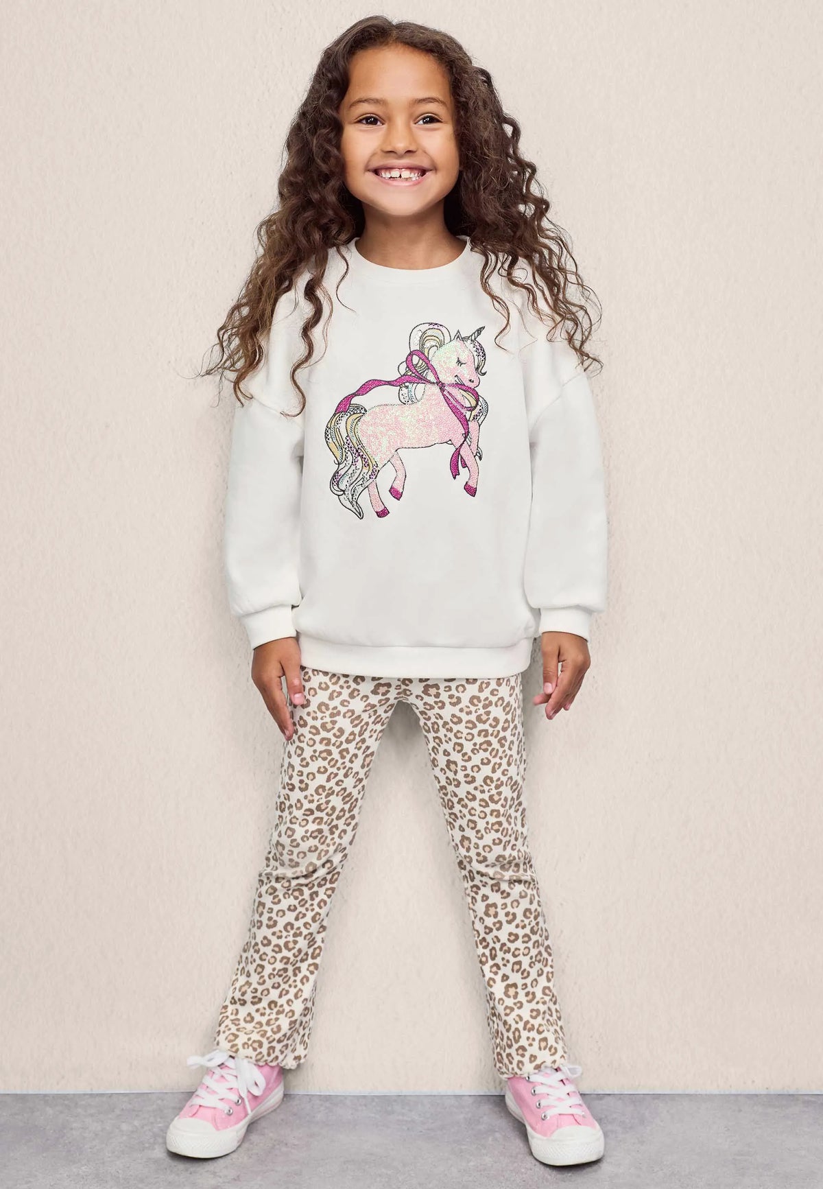 Younger Girls Cream Leopard Print Bootcut Leggings