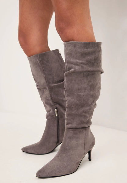 Womens Grey Ruched Knee High Stiletto Boots