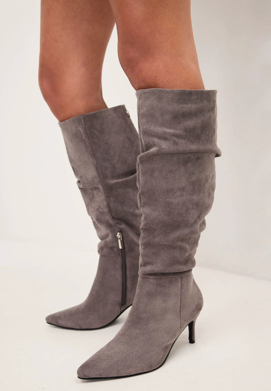 Womens Grey Ruched Knee High Stiletto Boots