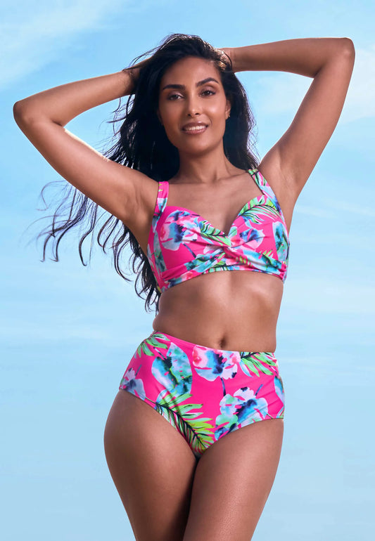 Womens Pink Leaf Print Bikini Top