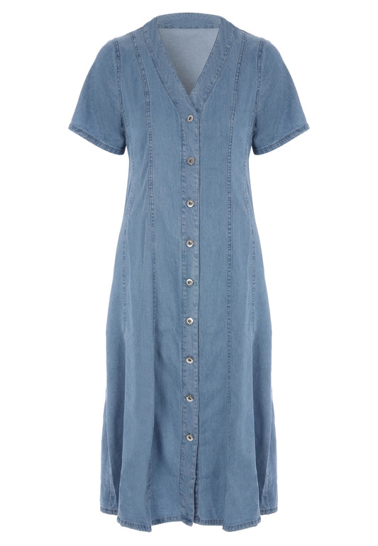 Womens Blue Denim Look Seam Detail Button Front Dress
