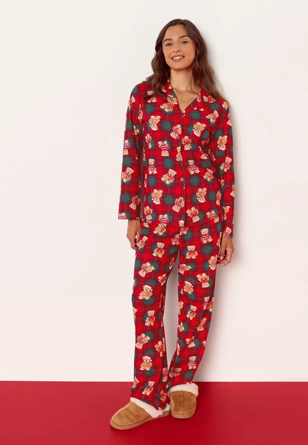 Womens Red Check Teddy Bear Family Pyjama Set