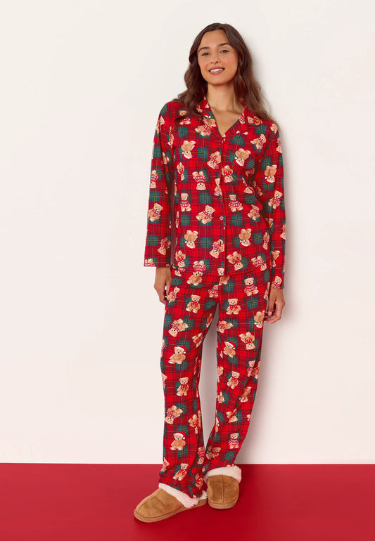 Womens Red Check Teddy Bear Family Pyjama Set