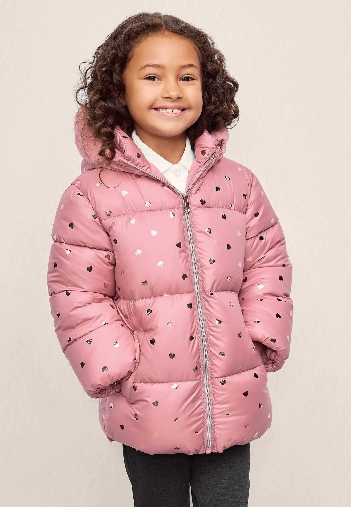 Younger Girls Pink Heart Print Padded Coat with Hood