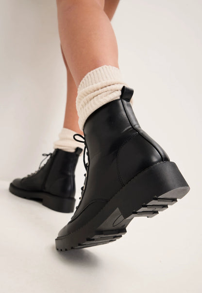 Womens Plain Black Lace Up Chunky Boots