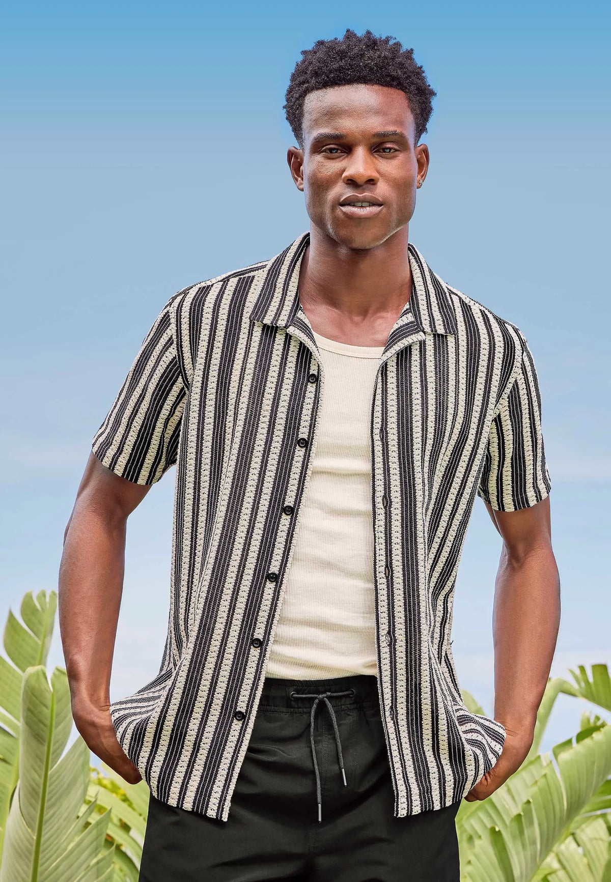 Mens Black Crochet Stripe Cotton Shirt