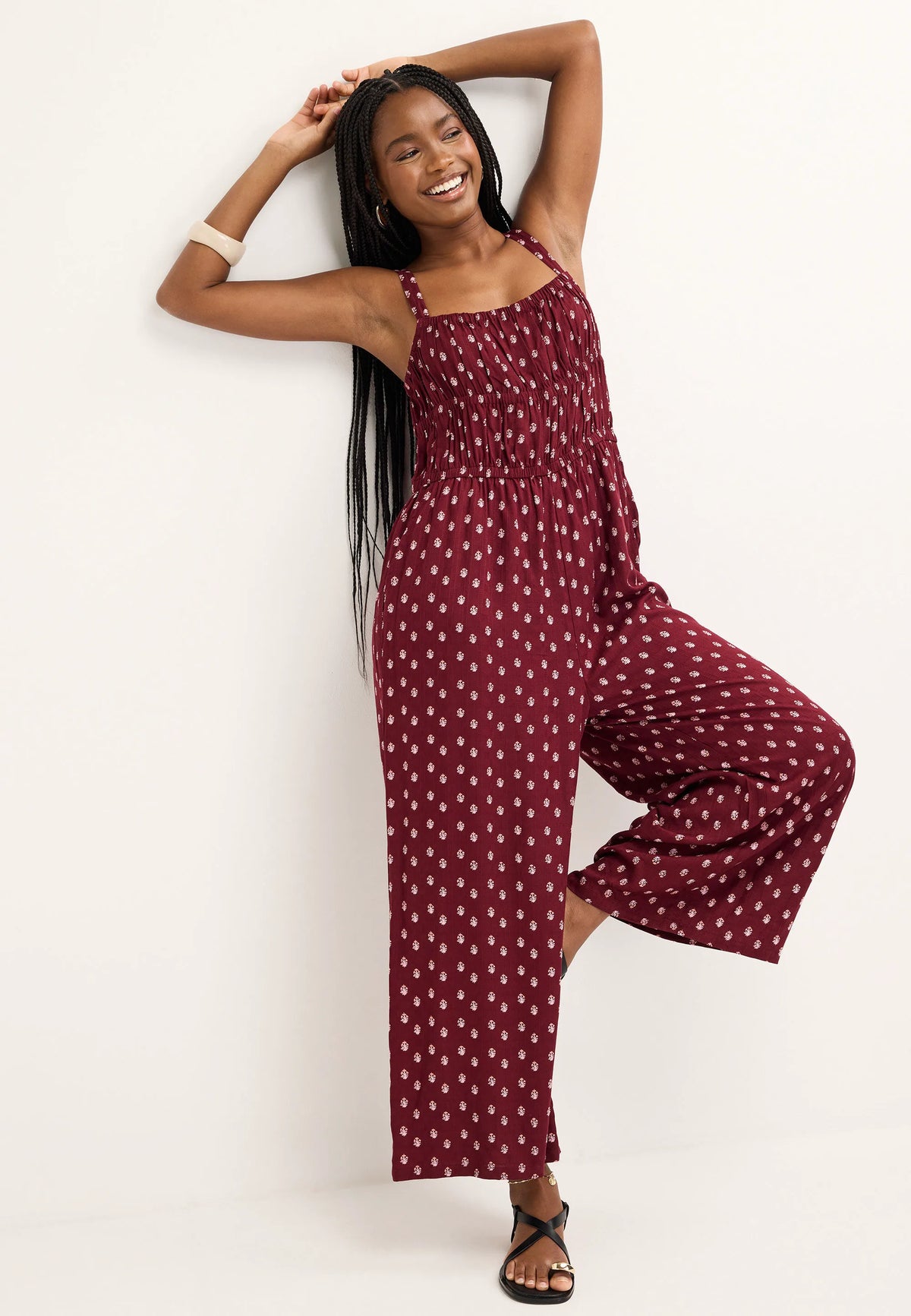 Womens Red Abstract Shirred Jumpsuit