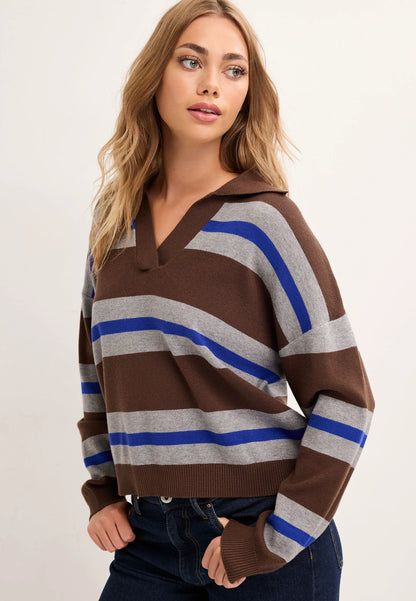 Womens Brown Stripe Collar Jumper