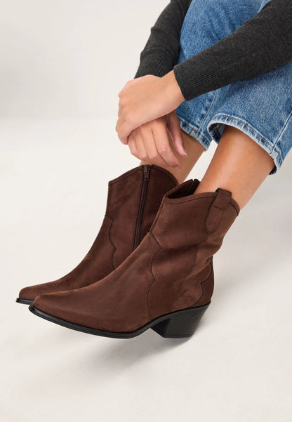 Womens Dark Brown Faux Suede Western Ankle Boots