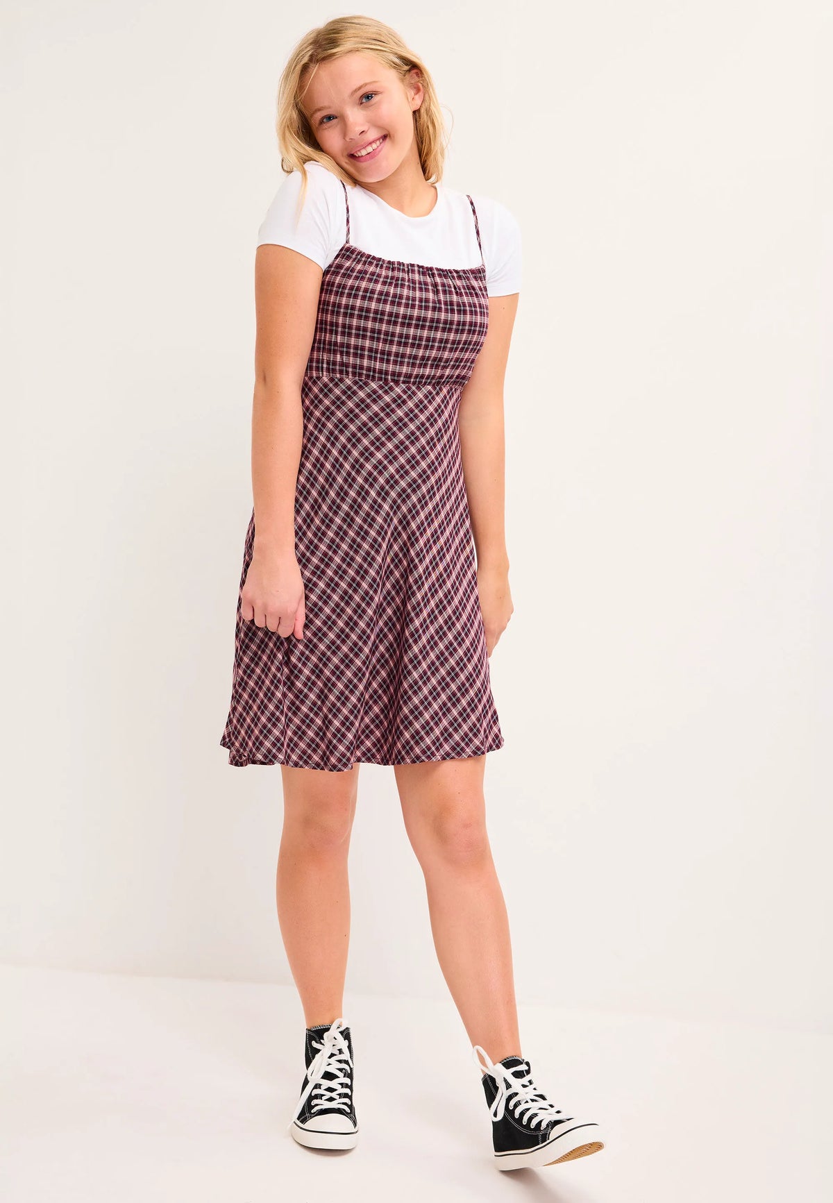Older Girls Burgundy Check Dress & T-Shirt Set