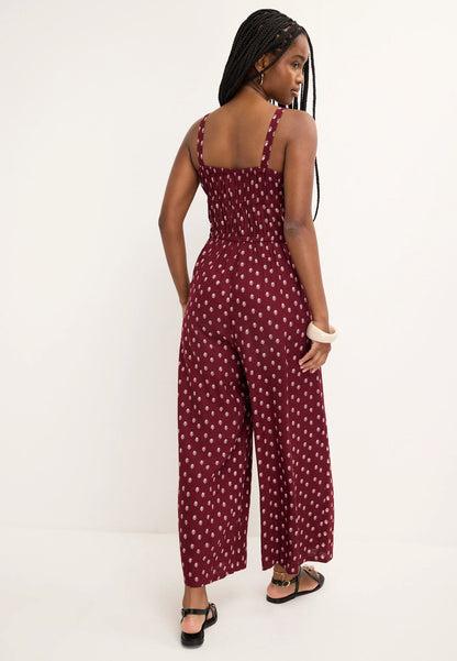 Womens Red Abstract Shirred Jumpsuit