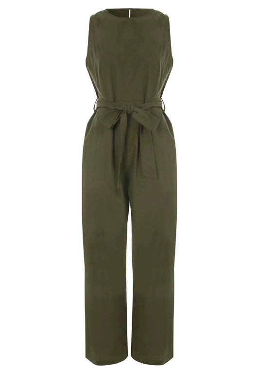 Womens Khaki Green Tie Waist Cotton Jumpsuit