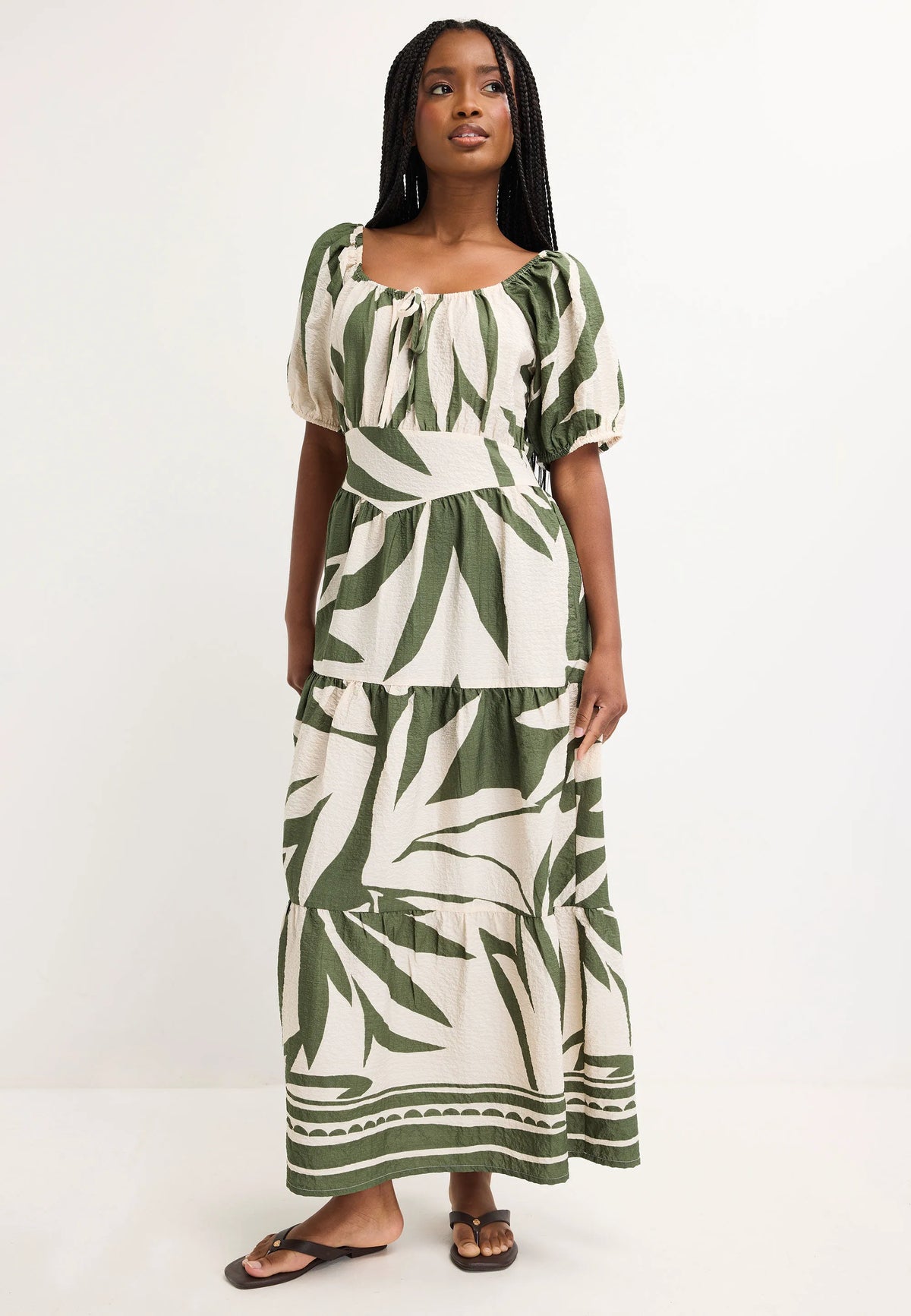 Womens Khaki Leaf Print Milkmaid Dress