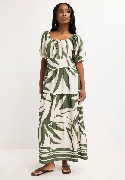 Womens Khaki Leaf Print Milkmaid Dress