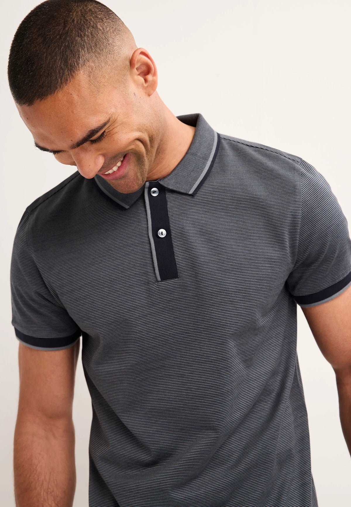 Mens Navy Textured Cotton Polo Shirt