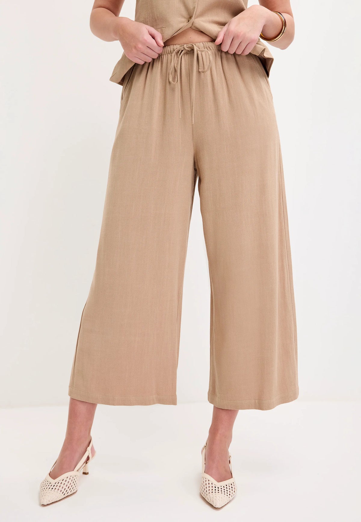 Womens Camel Linen Blend Cropped Wide Leg Trousers
