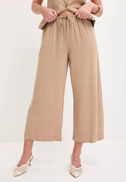 Womens Camel Linen Blend Cropped Wide Leg Trousers