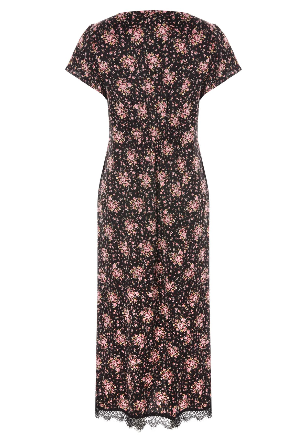 Womens Black Floral V-Neck Lace Trim Dress