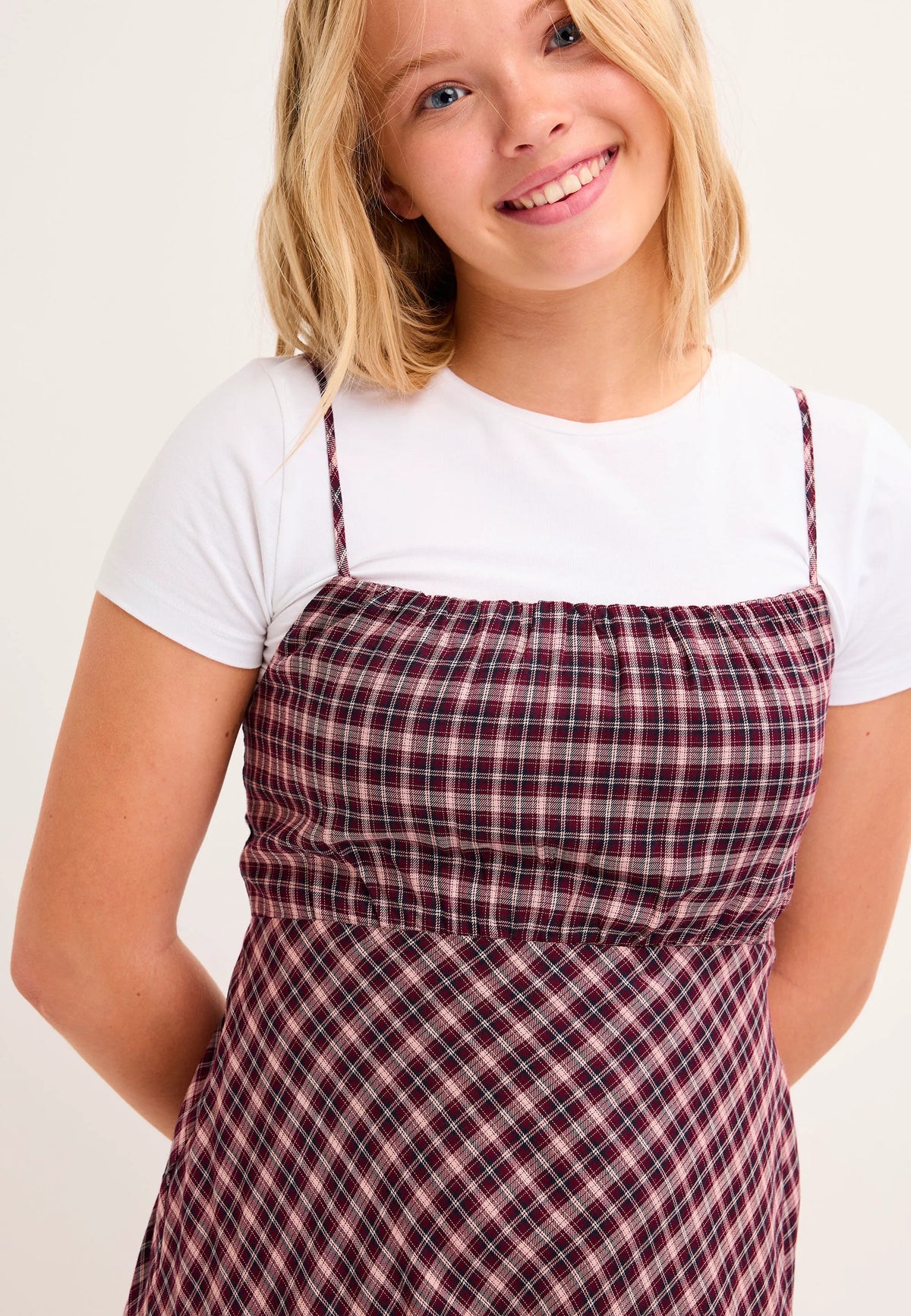 Older Girls Burgundy Check Dress & T-Shirt Set