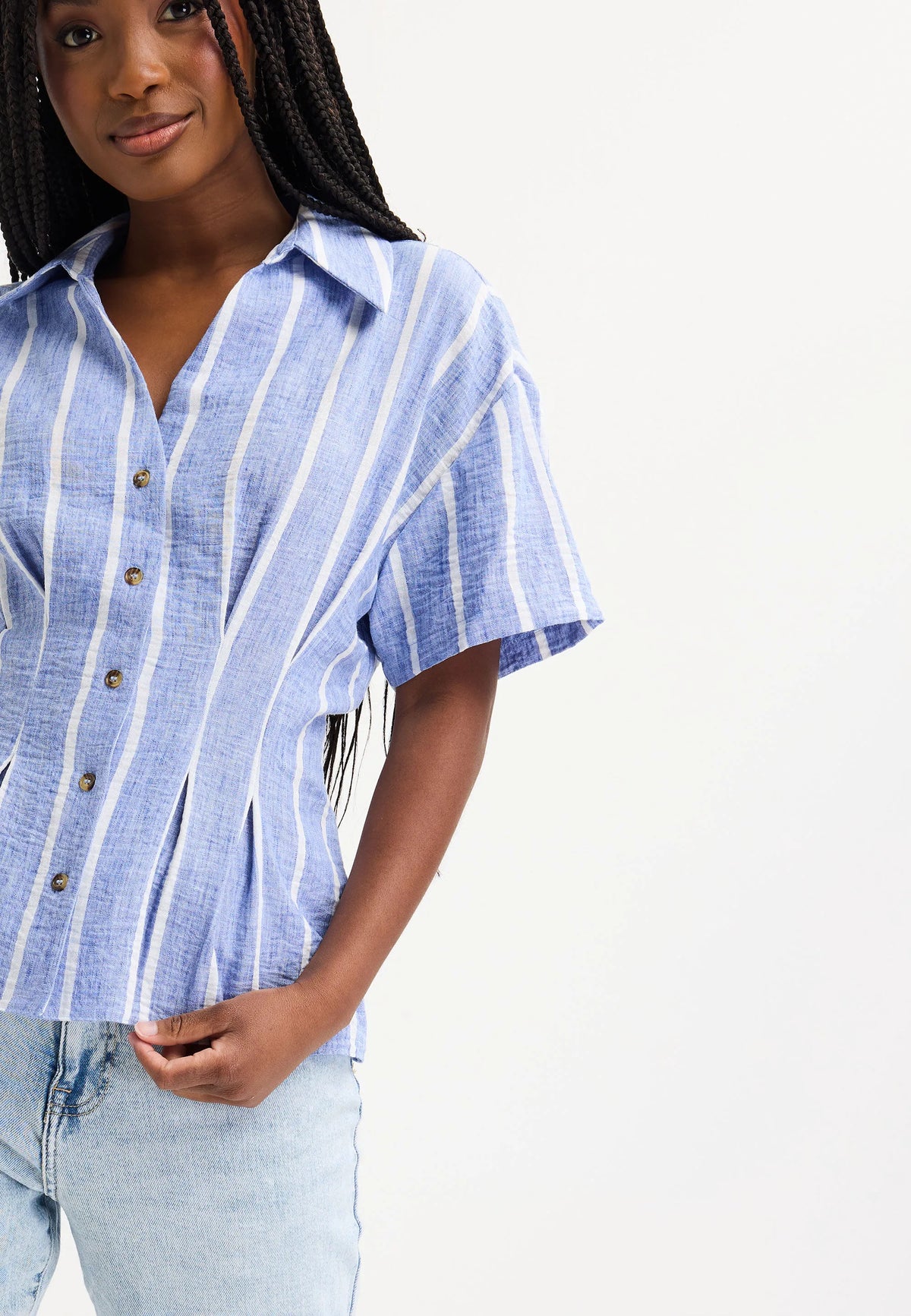 Womens Blue Stripe Waisted Shirt