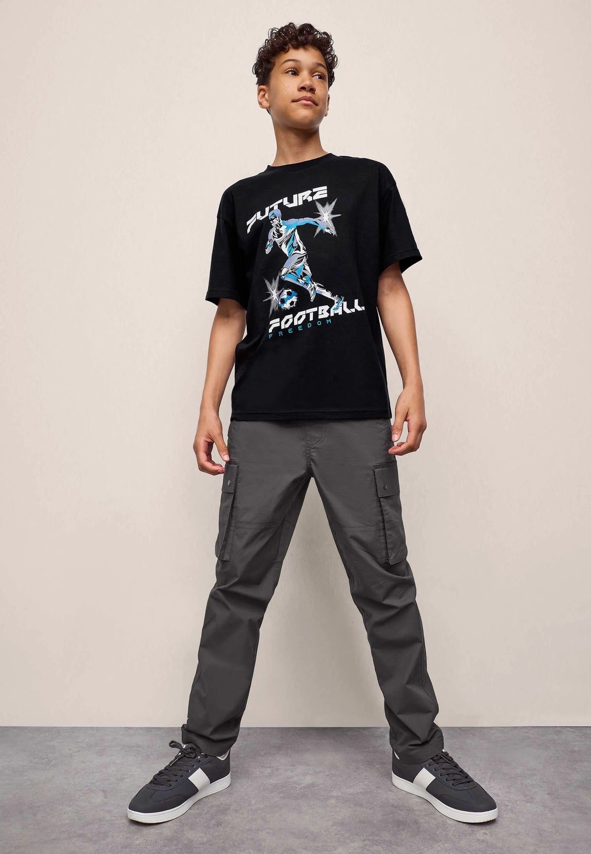 Older Boys Black Cotton Football T-Shirt