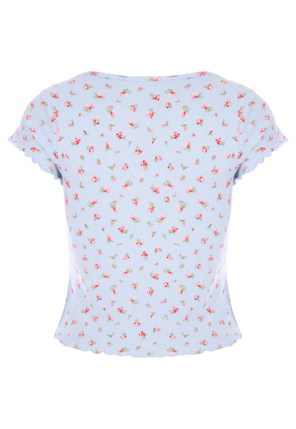 Womens Blue & Red Ditsy Short Sleeve Pyjama Top